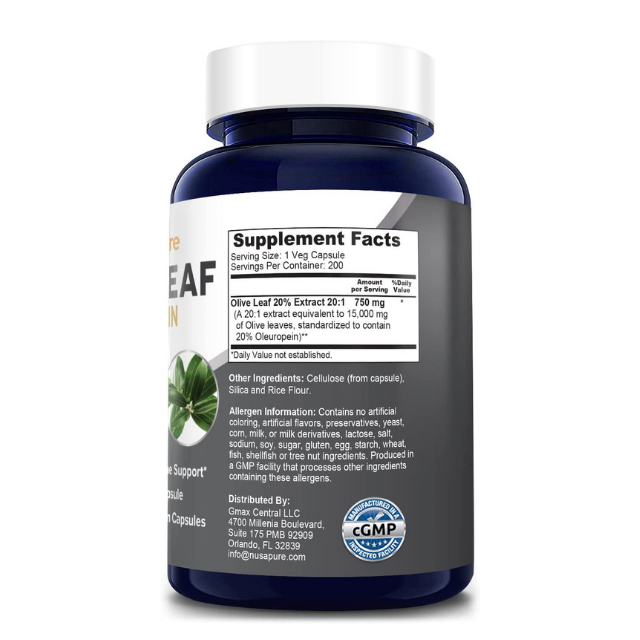Olive Leaf Extract 750 mg, 200 Capsules, 20 Oleuropein สารสกัดจากใบ