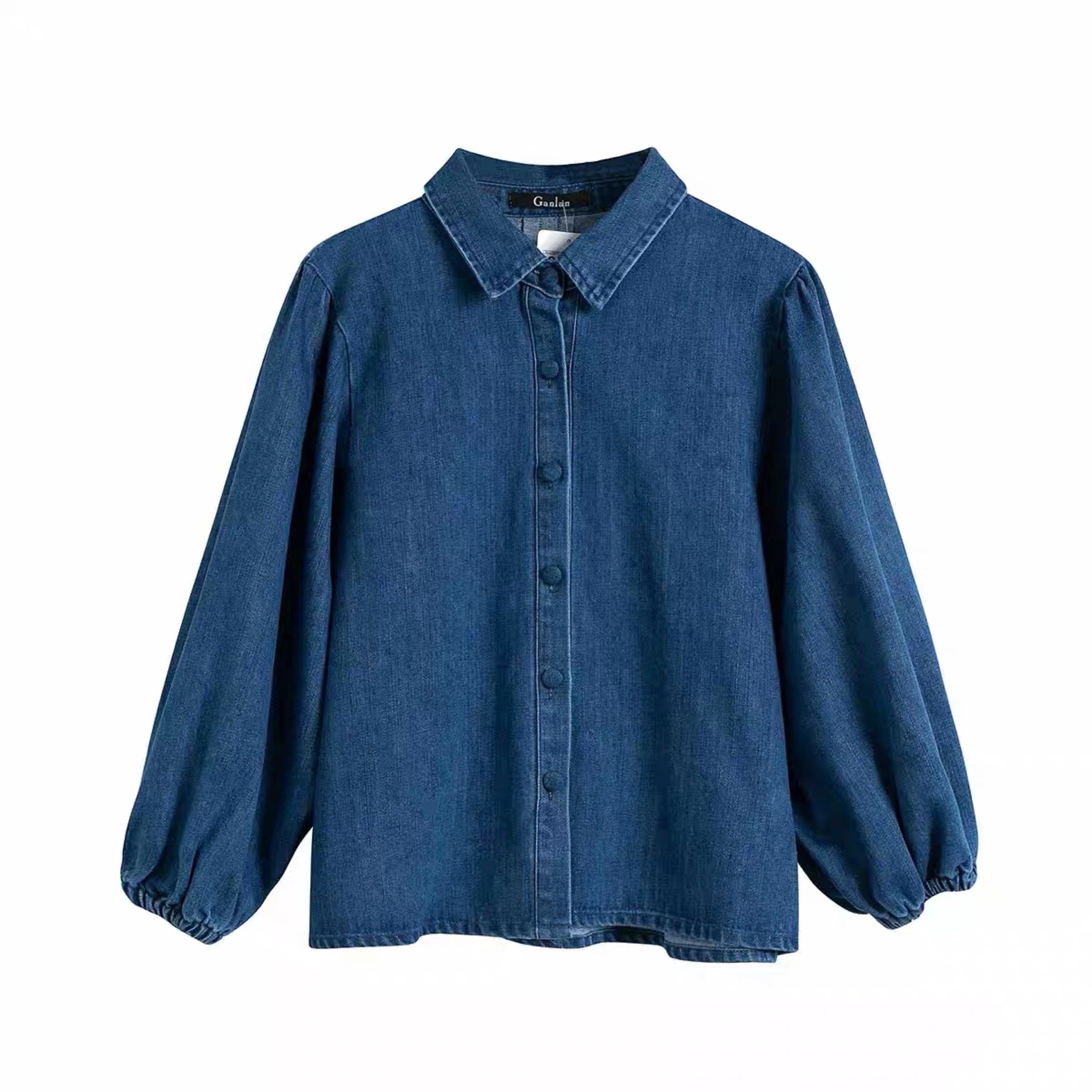 Puff Sleeve Collared Denim Top main image 0