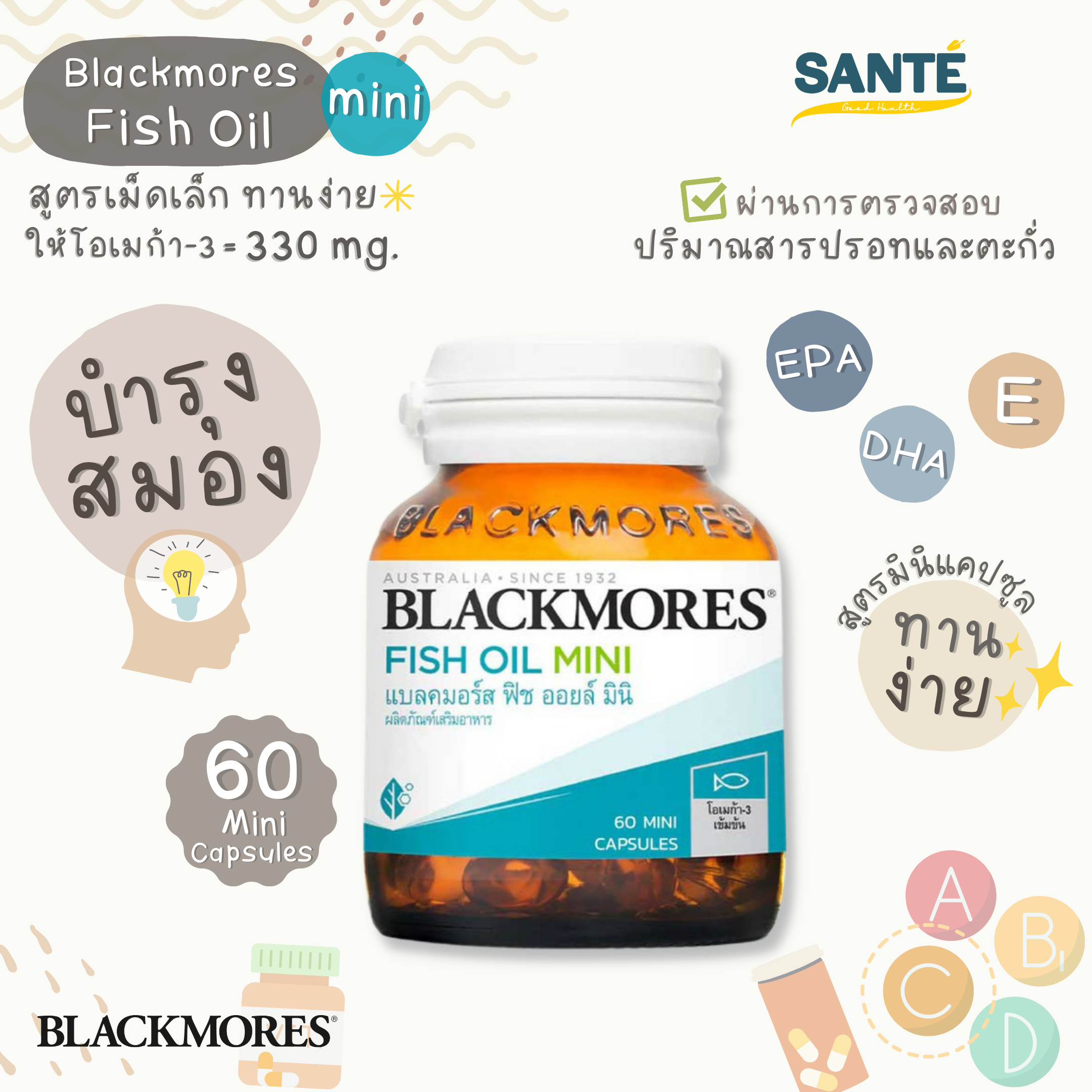 Blackmores Fish Oil Mini ฟิชออยล์ มินิ น้ำมันปลา เม็ดเล็ก ทานง่าย มี 60