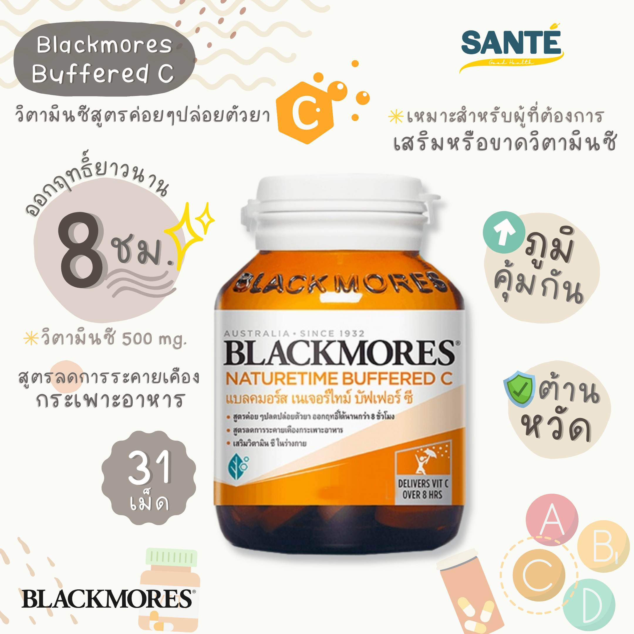Blackmores Naturetime Buffered C บัฟเฟอร์ ซี วิตามินซี 500 mg. ขนาด 31 เม็ด LINE SHOPPING
