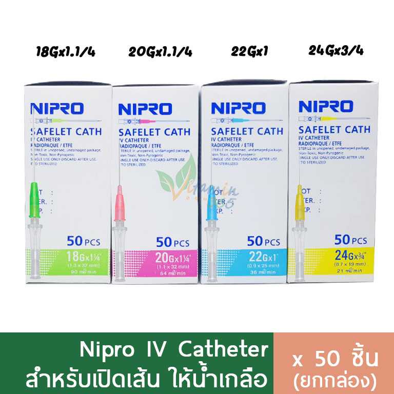 Nipro IV Catheter เข็มเปิดเส้น เข็มให้น้ำเกลือ กล่อง50ชิ้นมีหลายขนาด