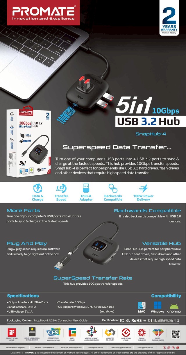 Promate USB Hub (SnapHub4) 10Gbps UltraFast USB 3.2 Hub (TypeC