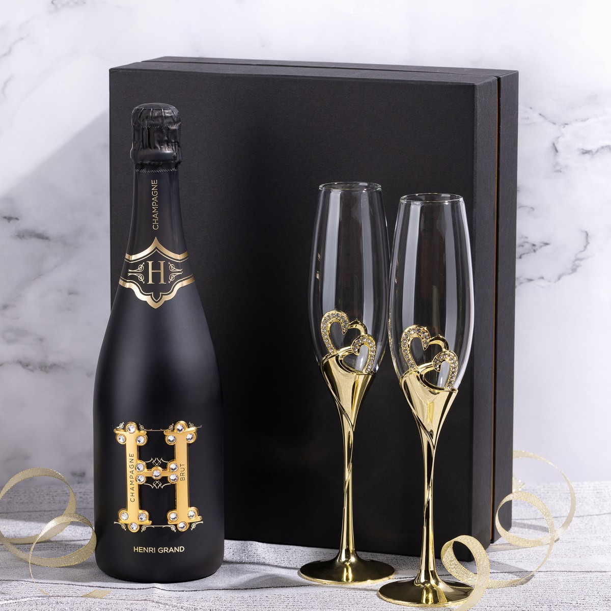 シャンパンセット アンリグラン シャンパングラス2脚 & スワロフスキーシャンパン 特製ギフトBOX 浜運 【送料無料】